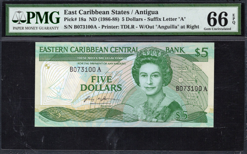 Antigua - 5 Dollars 1986 - Pick # 18a - PMG 66 EPQ