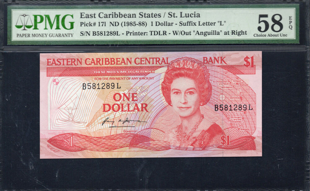 St. Lucia - 1 Dollar 1985 - Pick # 171 - PMG 58 EPQ