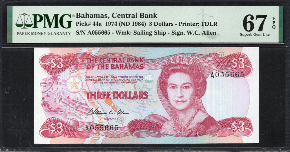 Bahamas - 3 Dollars 1974 - Pick # 44a - PMG 67 EPQ
