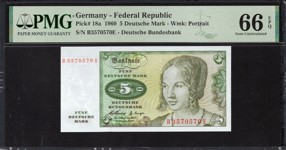 Germany - 5 Deutsche Mark 1960 - Pick # 18a - PMG 66 EPQ