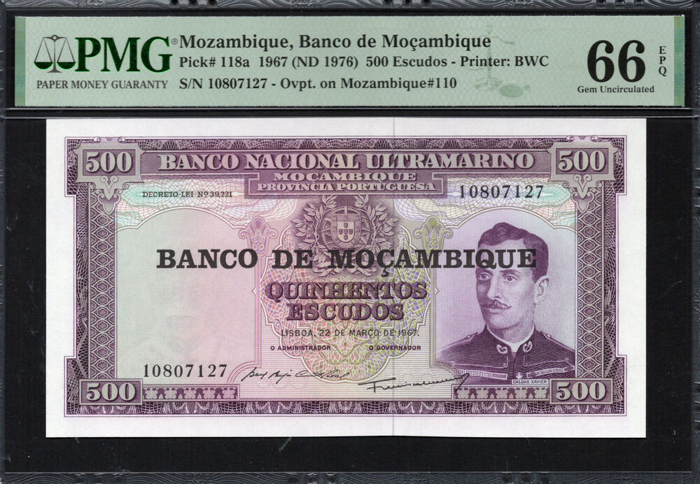 Mozambique - 500 Escudos 1967 - Pick # 118a - PMG 66 EPQ