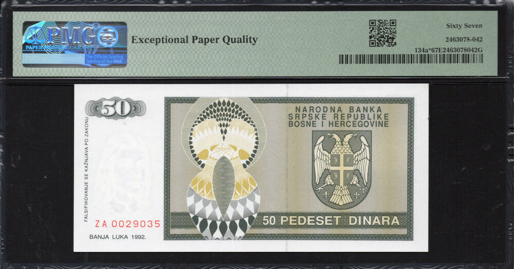Bosnia and Herzegovina - 50 Dinara 1992 - Pick # 134a - PMG 67 EPQ