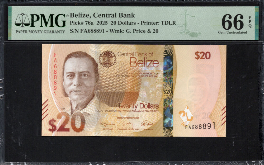 Belize - 20 Dollars 2025 - Pick # 76a - PMG 66 EPQ
