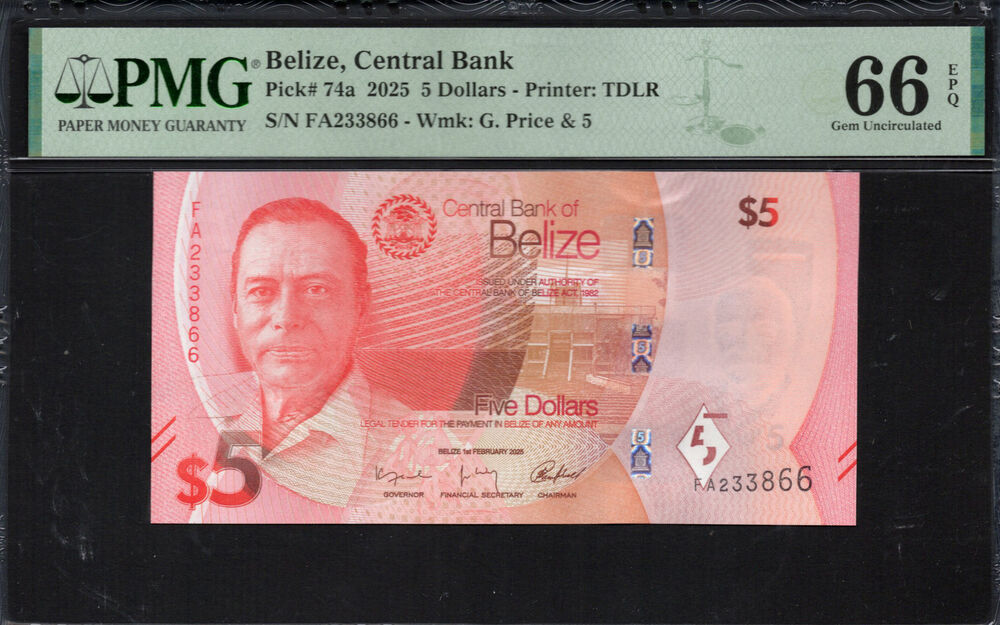 Belize - 5 Dollars 2025 - Pick # 74a - PMG 66 EPQ
