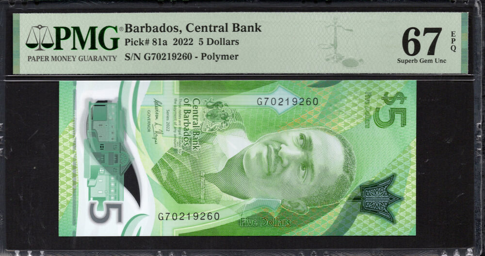 Barbados - 5 Dollars 2022 - Pick # 81a - PMG 67 EPQ