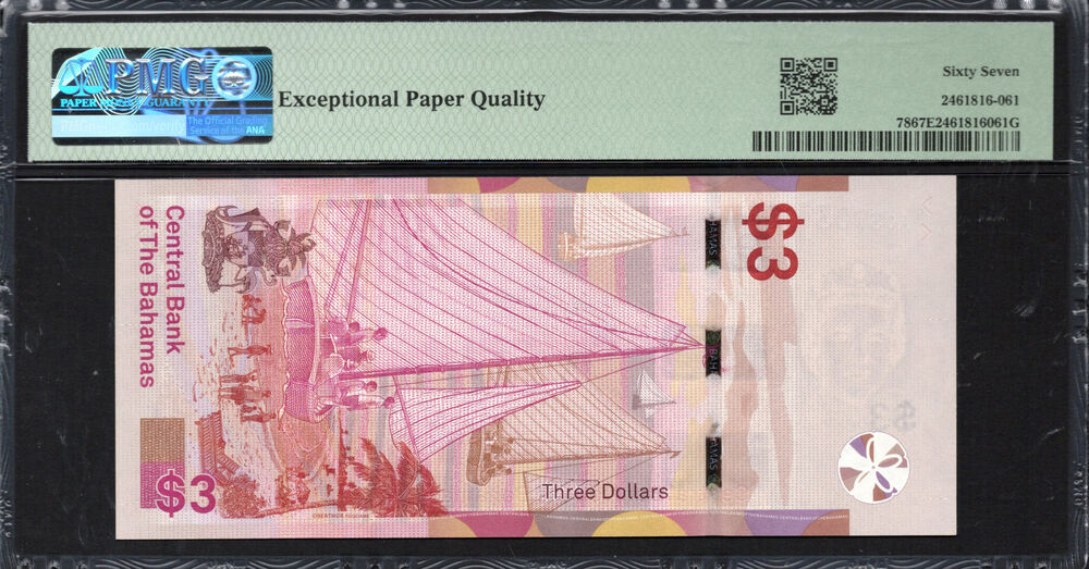 Bahamas - 3 Dollars 2019 - Pick # 78 - PMG 67 EPQ
