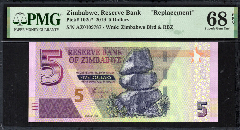 Zimbabwe - 5 Dollars 2019 - Pick # 102a* - PMG 68 EPQ