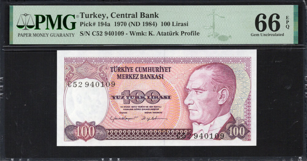 Turkey - 100 Lirasi 1970 - Pick # 194a - PMG 66 EPQ