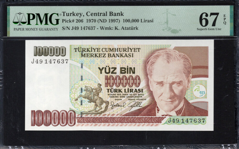 Turkey - 100.000 Lirasi 1970 - Pick # 206 - PMG 67 EPQ