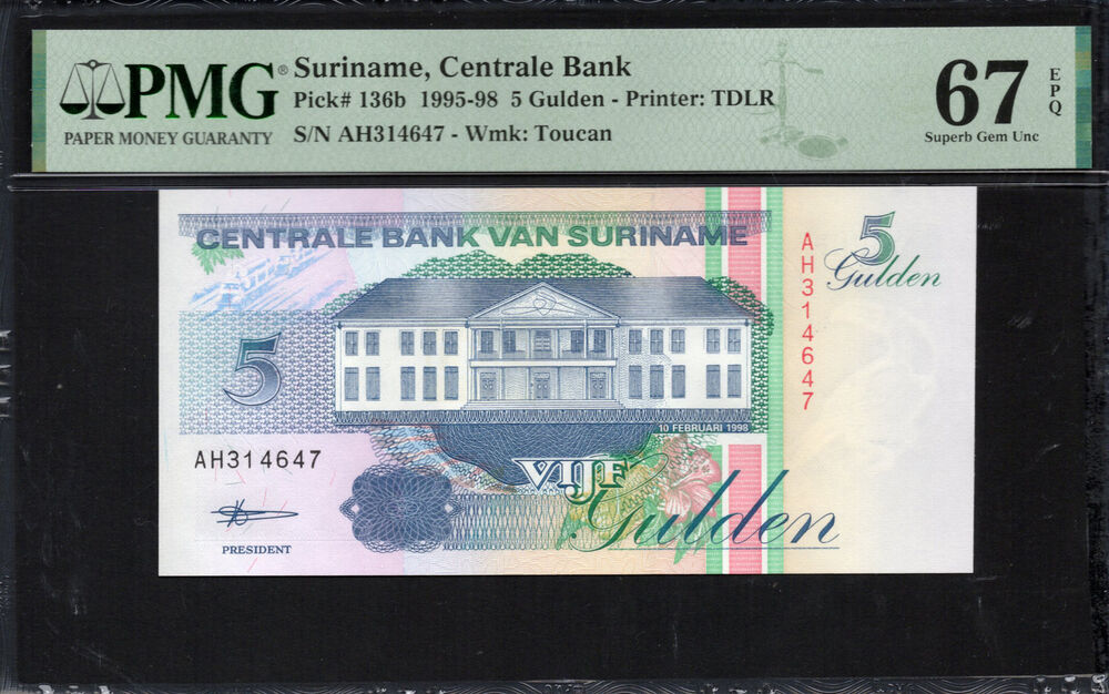 Suriname - 5 Gulden 1995 - Pick # 136b - PMG 67 EPQ