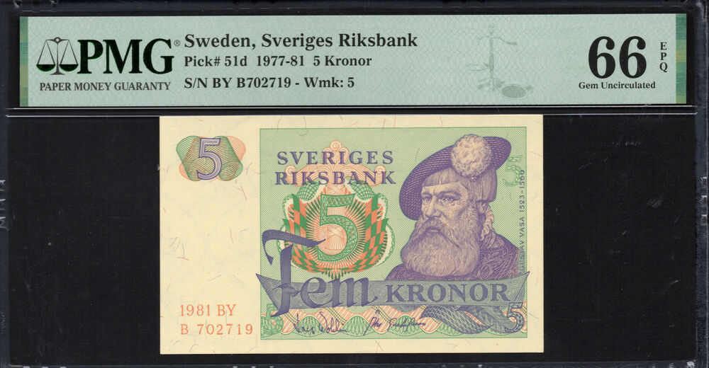 Sweden - 5 Kronor 1977 - Pick # 51d - PMG 66 EPQ