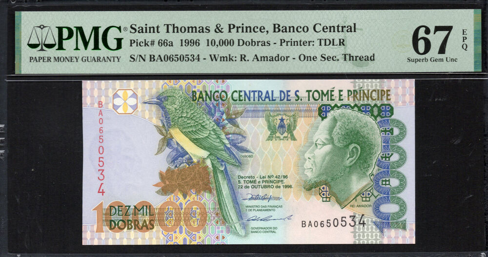 Sao Tome and Principe - 10.000 Dobras 1996 - Pick # 66a - PMG 67 EPQ