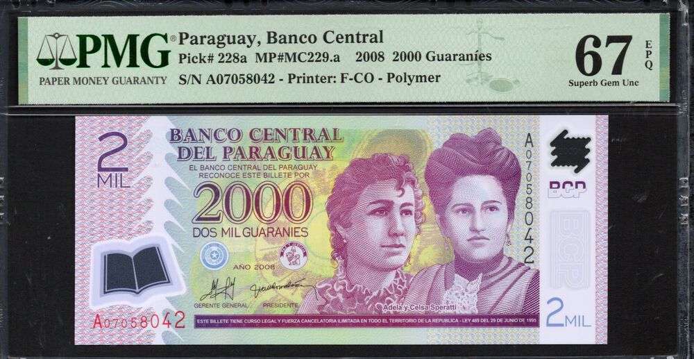 Paraguay - 2.000 Guaranies 2008 - Pick # 228a - PMG 67 EPQ