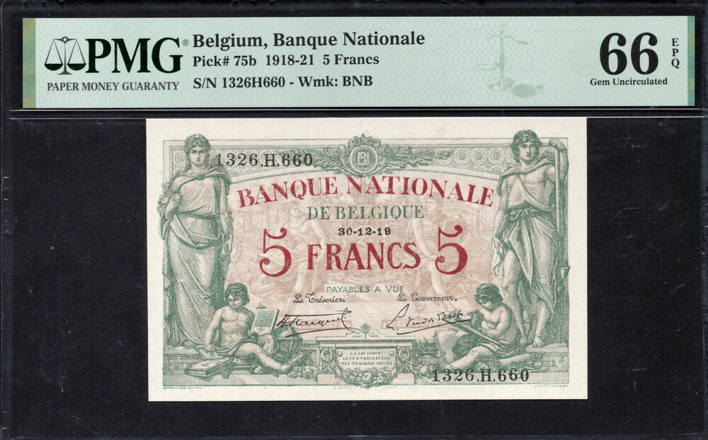 Belgium - 5 Francs 1918 - Pick # 75b - PMG 66 EPQ