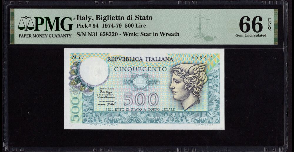 Italy - 500 Lire 1974-79 - Pick # 94 - PMG 66 EPQ