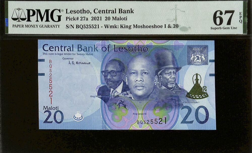 Lesotho - 20 Maloti 2021 - Pick # 27a - PMG 67 EPQ