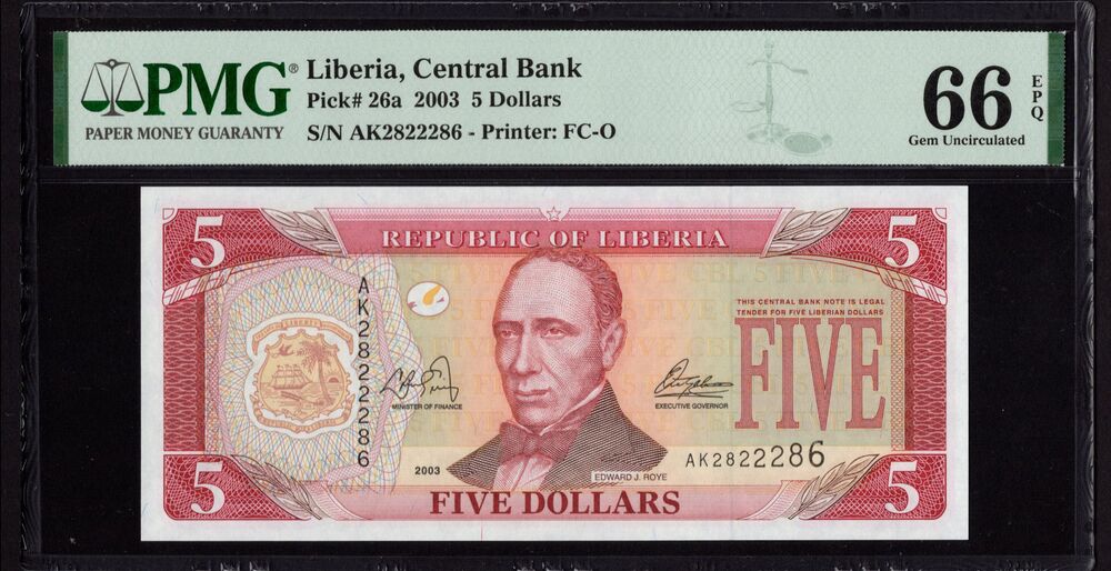 Liberia - 5 Dollars 2003 - Pick # 26a - PMG 66 EPQ