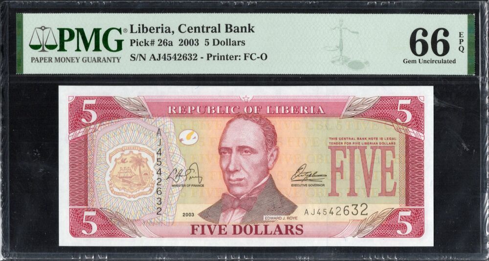 Liberia - 5 Dollars 2003 - Pick # 26a - PMG 66 EPQ