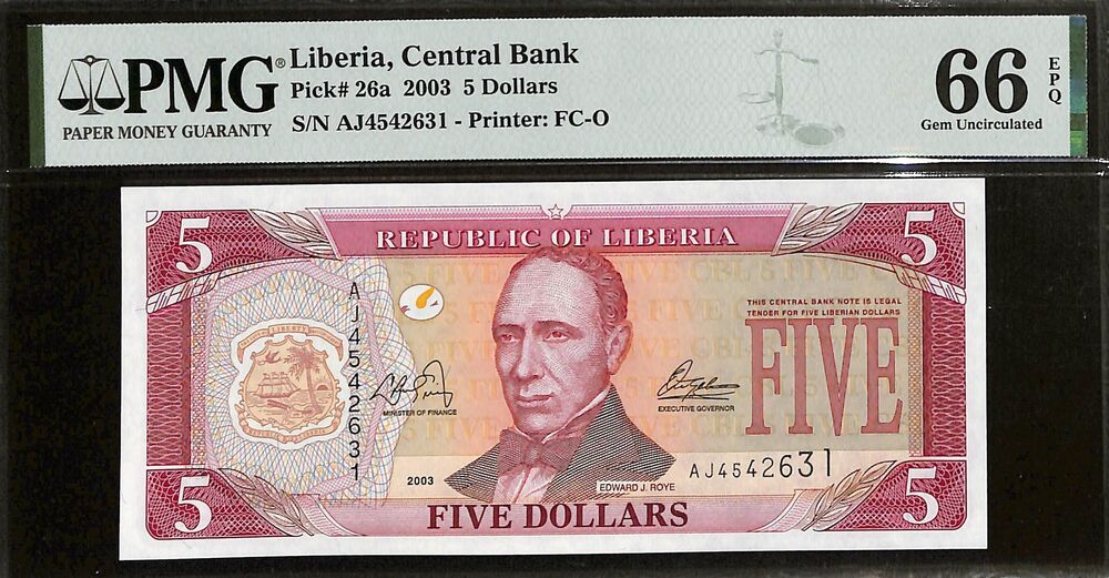 Liberia - 5 Dollars 2003 - Pick # 26a - PMG 66 EPQ