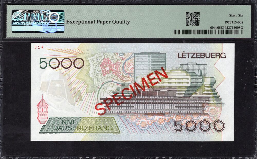 Luxembourg - 5000 Francs 1996 - Pick # 60bs - SPECIMEN - PMG 66 EPQ