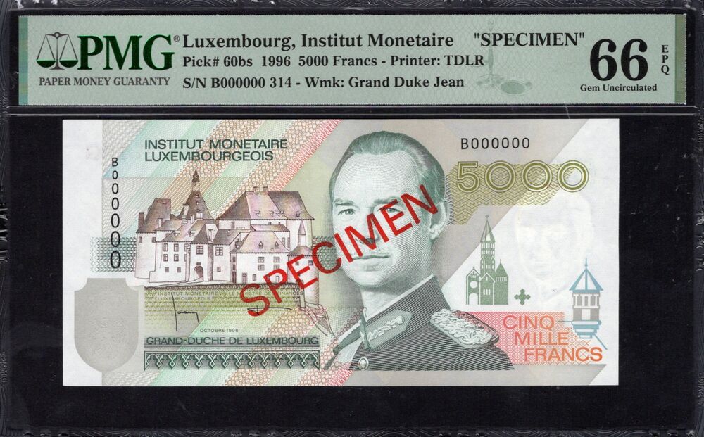 Luxembourg - 5000 Francs 1996 - Pick # 60bs - SPECIMEN - PMG 66 EPQ