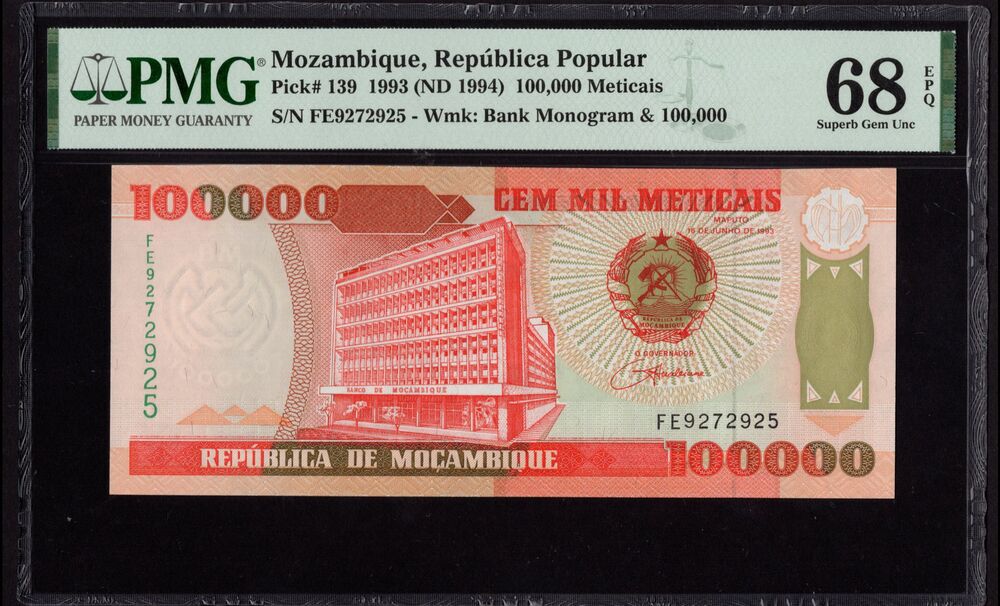 Mozambique - 100.000 Meticais 1993 (ND 1994) - Pick # 139 - PMG 68 EPQ