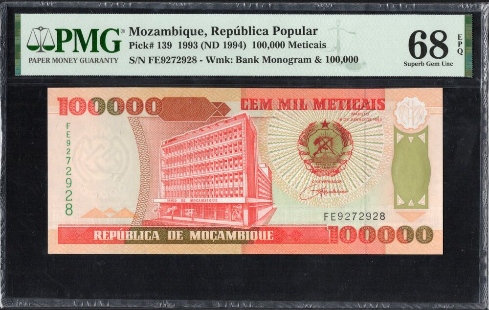 Mozambique - 100.000 Meticais 1993 - Pick # 139 - PMG 68 EPQ