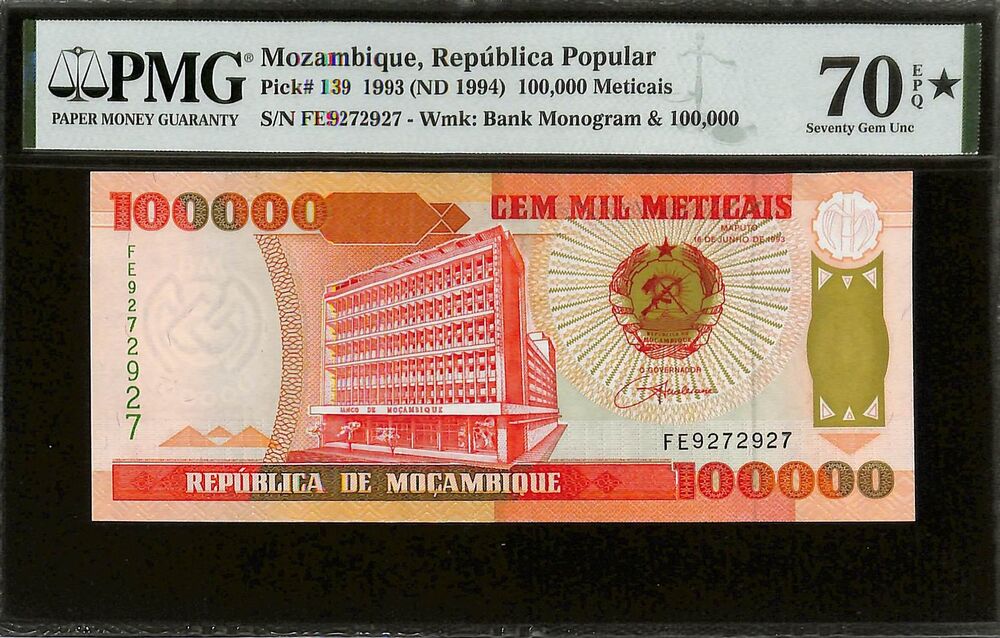 Mozambique - 100.000 Meticais 1993 (ND 1994) - Pick # 139 - PMG 70 EPQ
