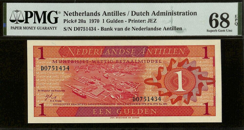 Netherlands Antilles - 1 Gulden 1970 - Pick # 20a - PMG 68 EPQ