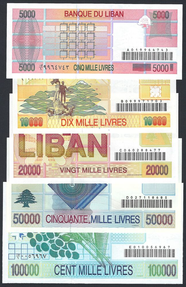 Lebanon - 5000, 10.000, 20.000, 50.000 & 100.000 Livres 1994/2001 - UNC
