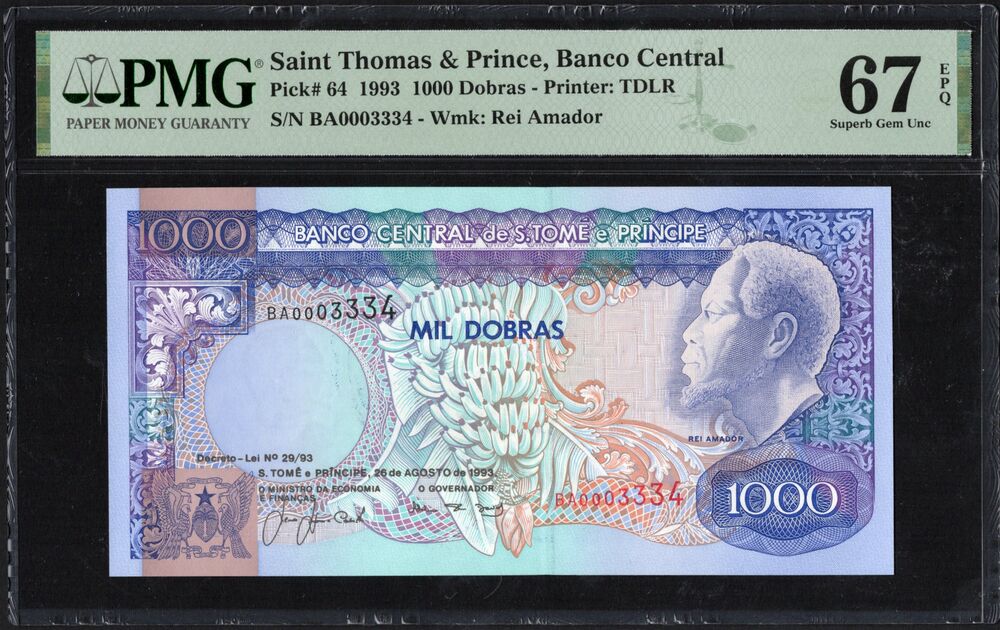 Saint Thomas & Prince - 1000 Dobras 1993 - Pick # 64 - PMG 67 EPQ