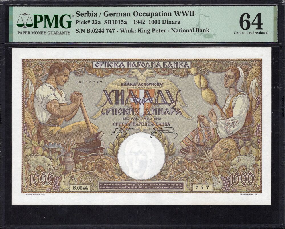 Serbia - 1000 Dinara 1942 - Pick # 32a - PMG 64