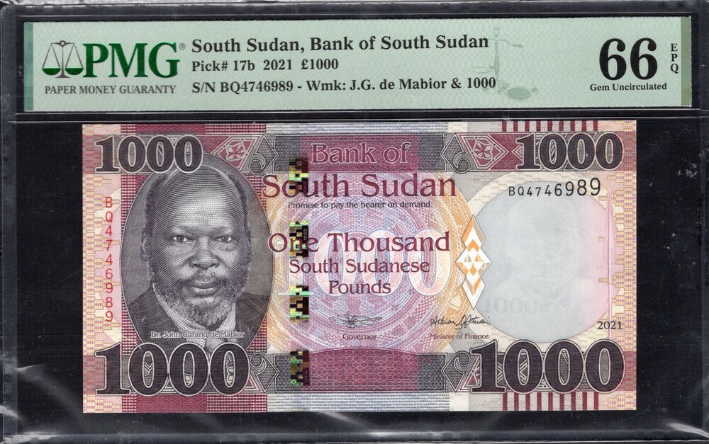 South Sudan - 1000 Pounds 2021 - Pick # 17b - PMG 66 EPQ