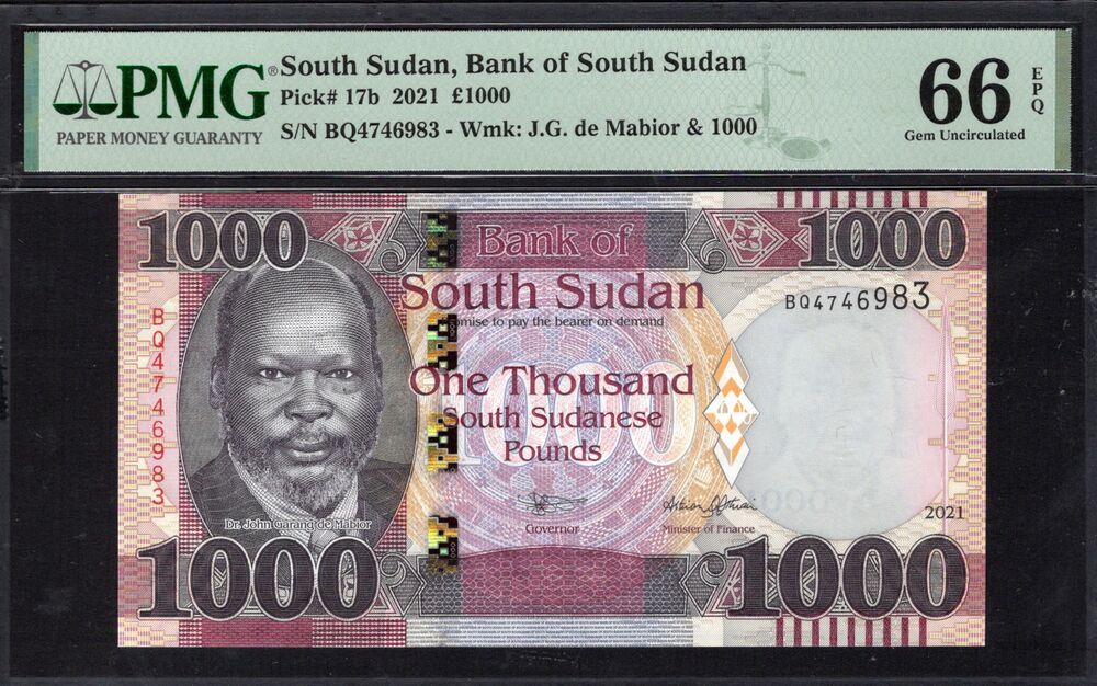 South Sudan - 1000 Pounds 2021 - Pick # 17b - PMG 66 EPQ