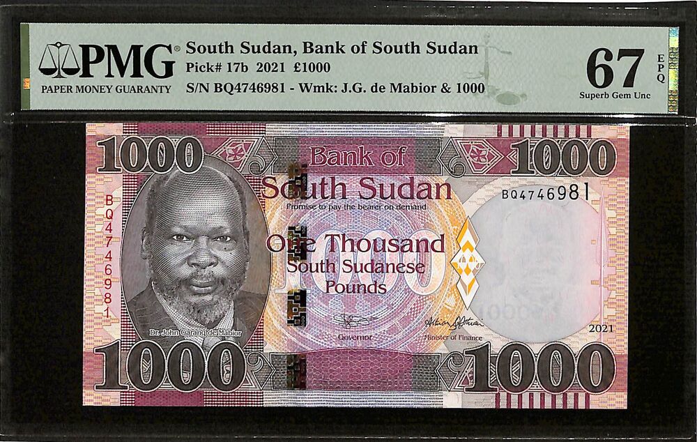 South Sudan - 1000 Pounds 2021 - Pick # 17b - PMG 67 EPQ