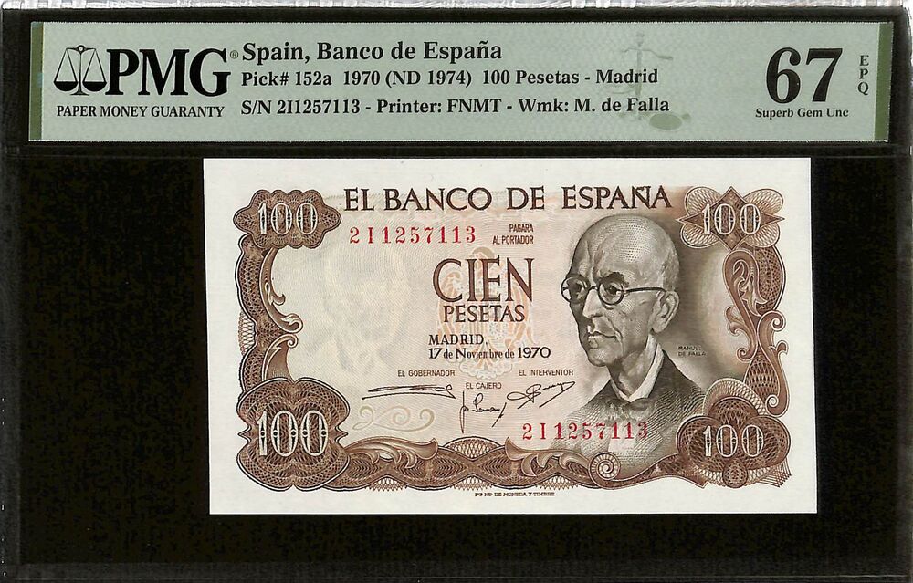 Spain - 100 Pesetas 1970 - Pick # 152a - PMG 67 EPQ