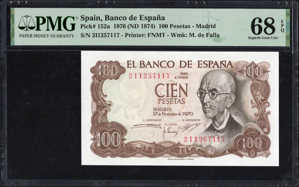 Spain - 100 Pesetas 1970 - Pick # 152a - PMG 68 EPQ