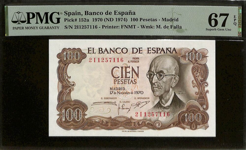 Spain - 100 Pesetas 1970 (ND 1974) - Pick # 152a - PMG 67 EPQ