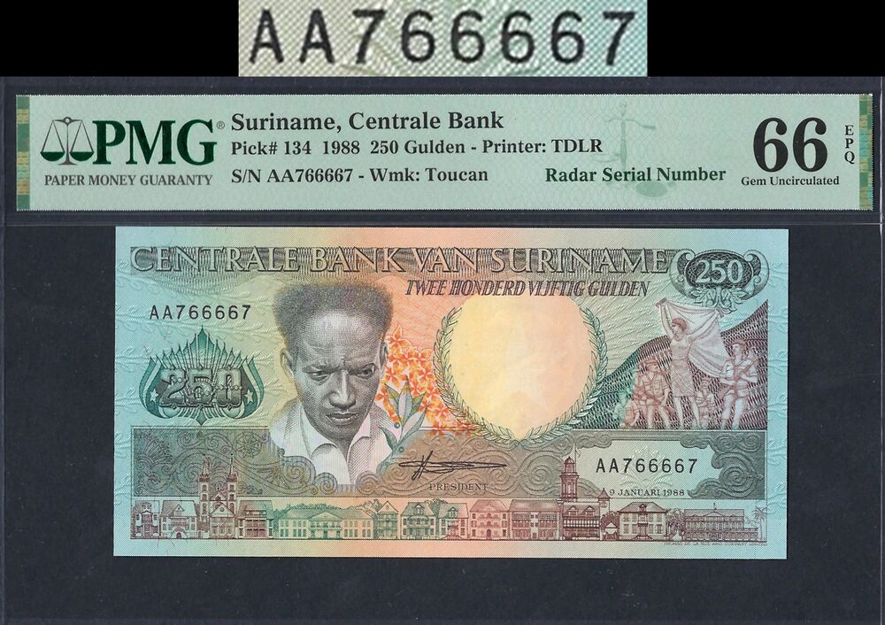 Suriname - 250 Gulden 1988 - Pick # 134 - RADAR - PMG 66 EPQ
