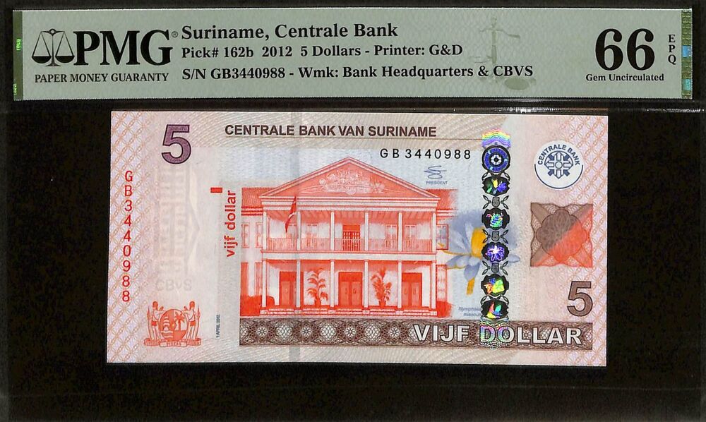 Suriname - 5 Dollars 2012 - Pick # 162b - PMG 66 EPQ
