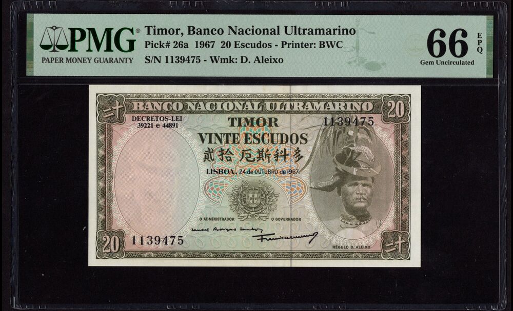 Timor - 20 Escudos 1967 - Pick # 26a - PMG 66 EPQ