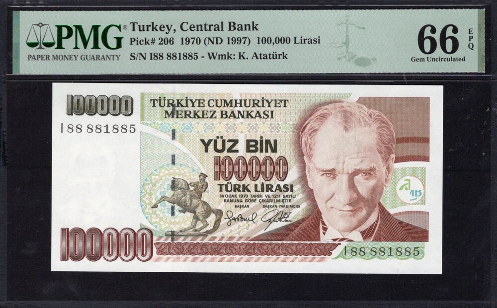 Turkey - 100.000 Lirasi 1970 (ND 1997) - Pick # 206 - PMG 66 EPQ