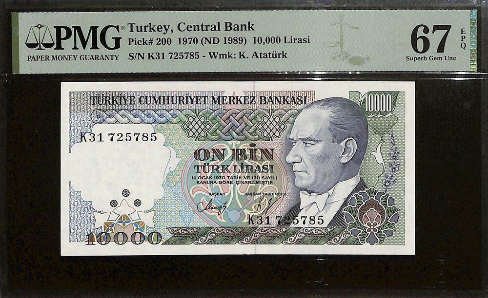 Turkey - 10.000 Lirasi 1970 (ND 1989) - Pick # 200 - PMG 67 EPQ
