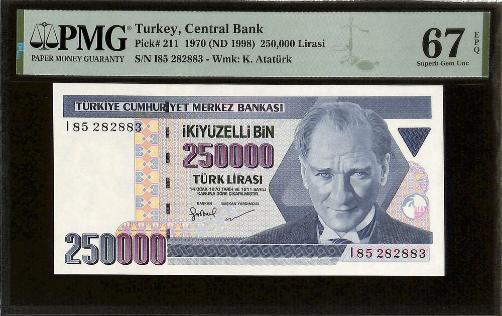 Turkey - 250.000 Lirasi 1970 (ND 1998) - Pick # 211 - PMG 67 EPQ