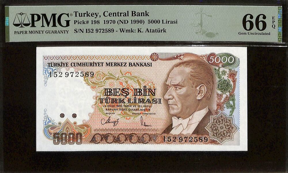 Turkey - 5000 Lirasi 1970 (ND 1990) - Pick # 198 - PMG 66 EPQ