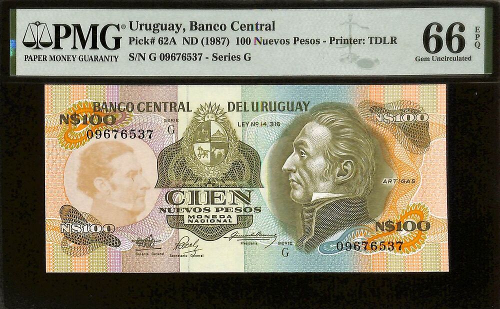 Uruguay - 100 Nuevos Pesos ND (1987) - Pick # 62A - PMG 66 EPQ