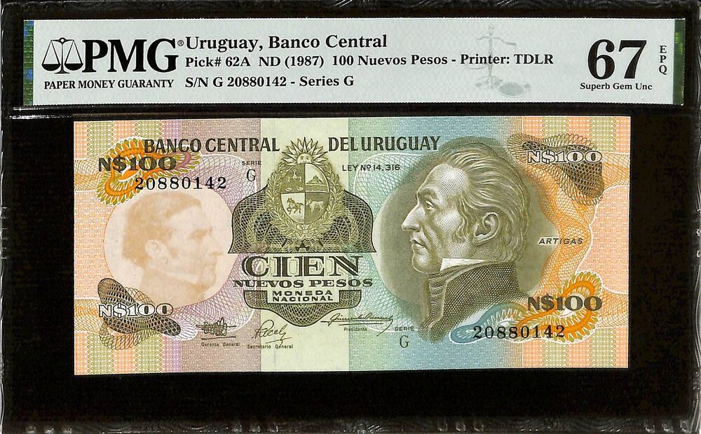 Uruguay - 100 Nuevos Pesos ND (1987) - Pick # 62A - PMG 67 EPQ