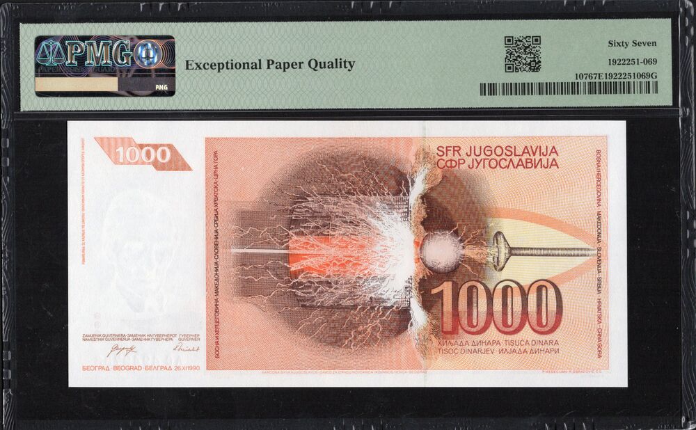 Yugoslavia - 1000 Dinara 1990 - Pick # 107 - PMG 67 EPQ