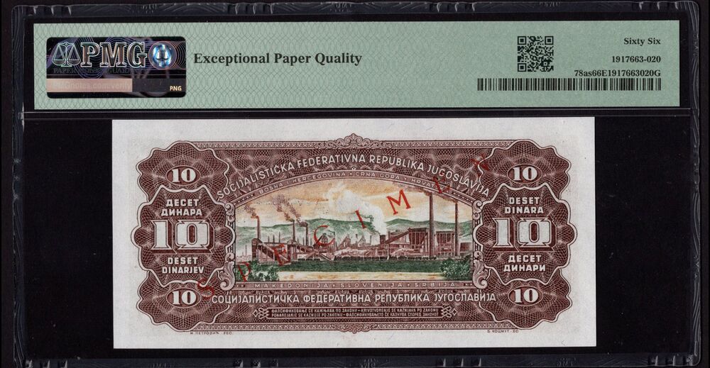 Yugoslavia - 10 Dinara 1965 - Pick # 78as - SPECIMEN - PMG 66 EPQ