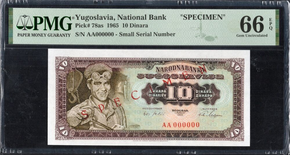 Yugoslavia - 10 Dinara 1965 - Pick # 78as - SPECIMEN - PMG 66 EPQ